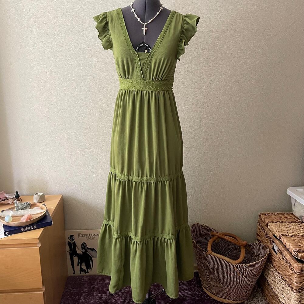 Green Ruffle Tiered Maxi Dress boho whimsical prairie cottage | size s